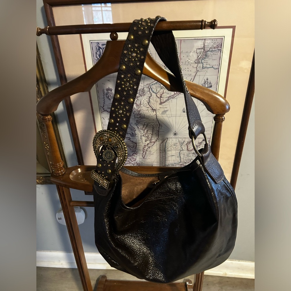 LR LEATHEROCK Leather Shoulder Bag Gemstone Embellished Buckle Brass Studded